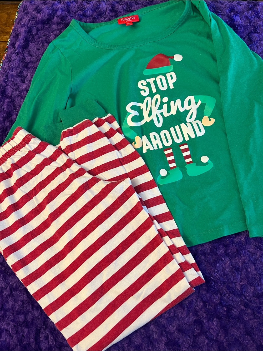 Macy's Green Holiday Pajama Set with Red & White Striped Pants #Christmas